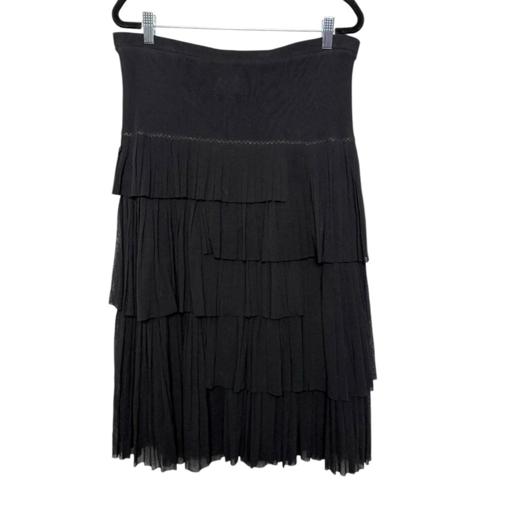 Fuzzi Black Layered Mesh Midi Skirt Tiered Stretch Waist M Italy